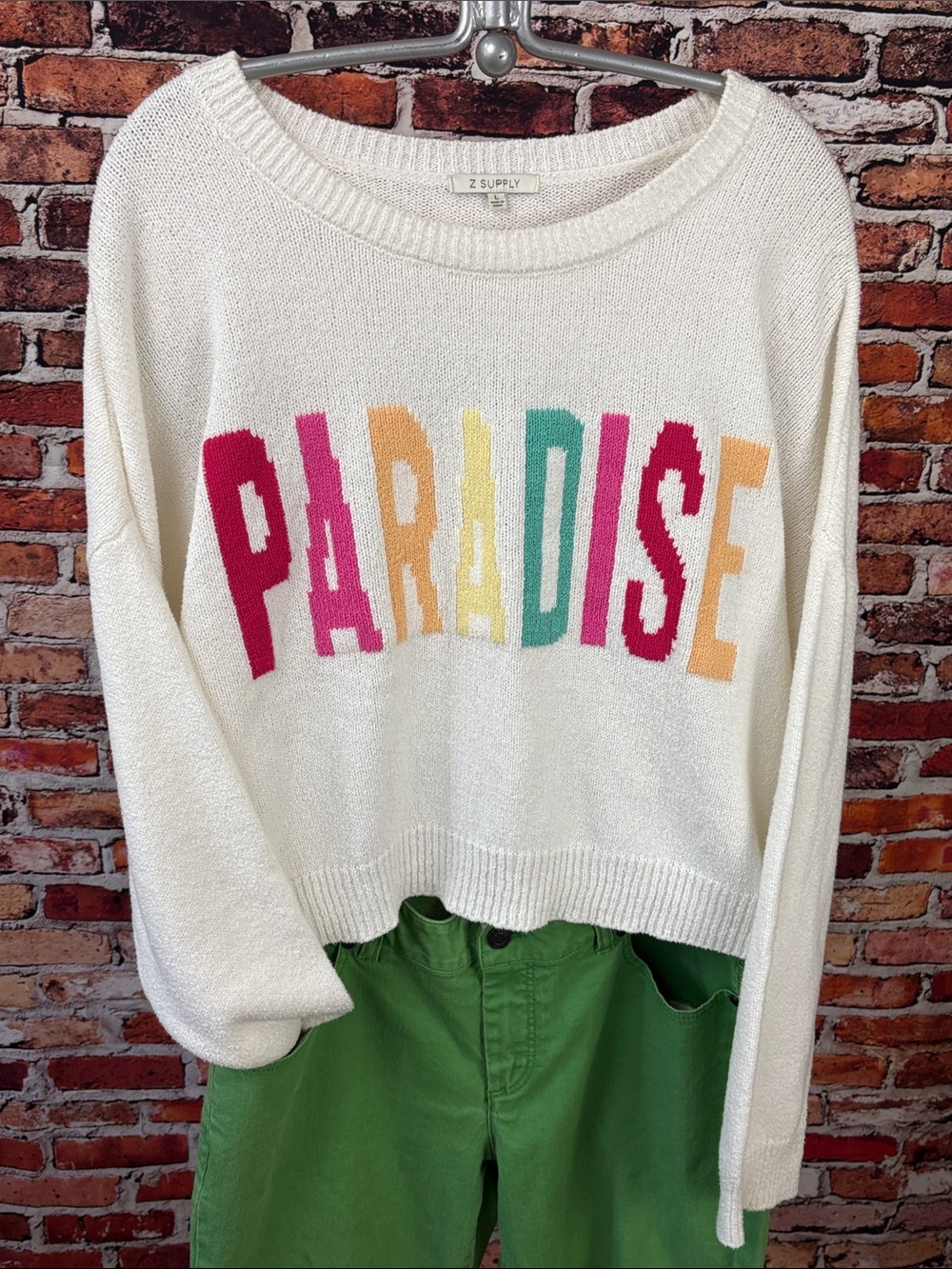 Z Supply Cream 'PARADISE' Crewneck Sweater with Multicolor Letters Large